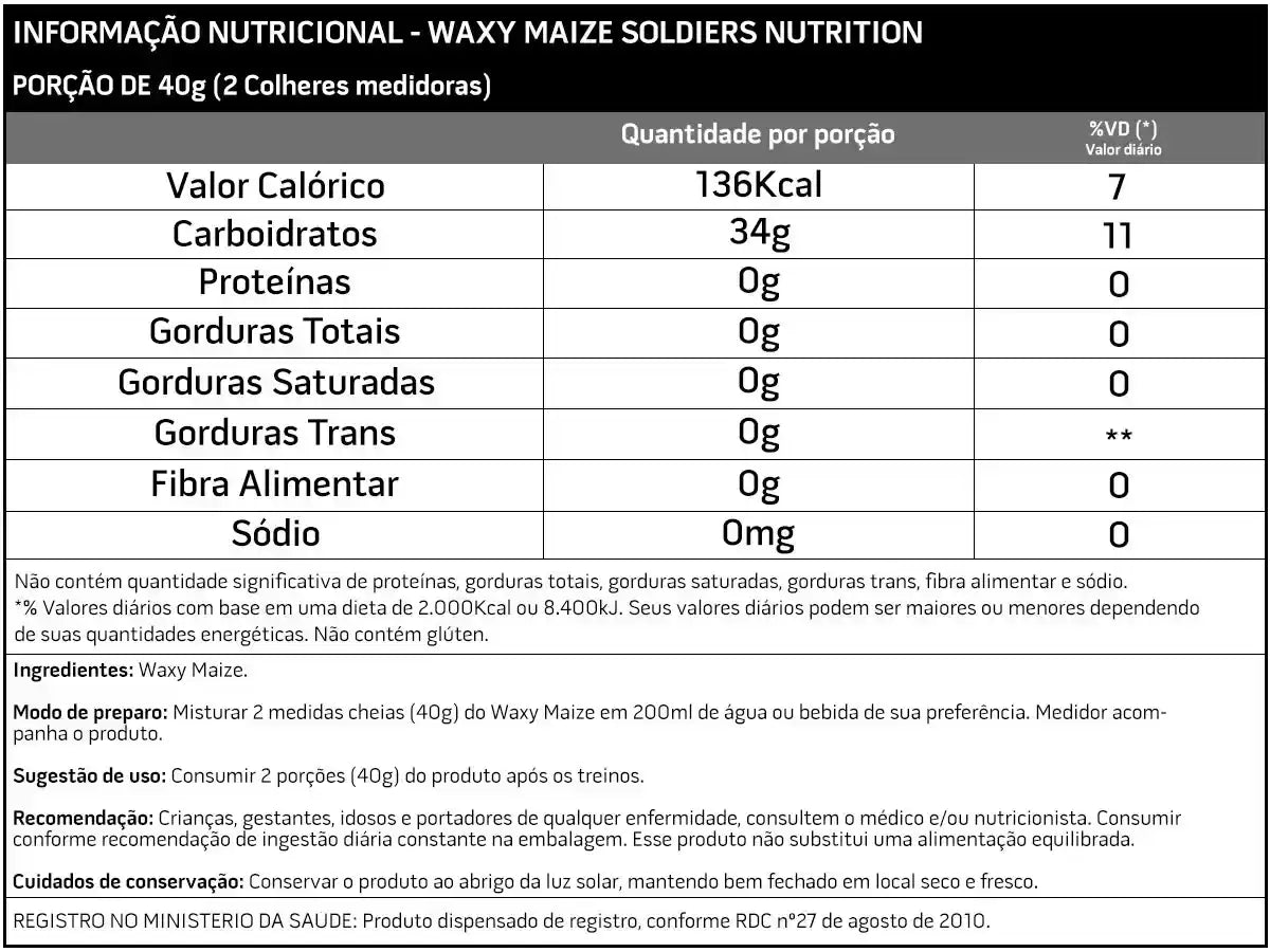 Tabela nutricional Waxy Maize com valor calórico, carboidratos, proteínas e zero sódio.