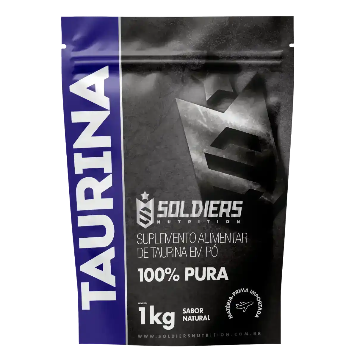 Embalagem de suplemento alimentar taurina em pó 100% pura, 1kg, sabor natural.